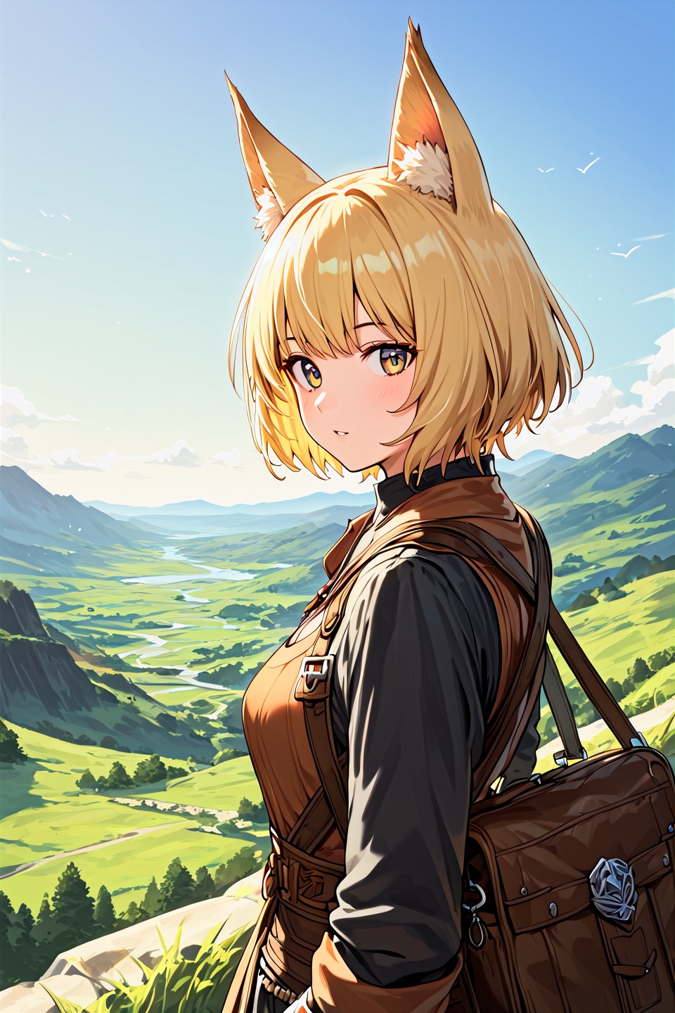 score_9,best quality,1girl,fantasy,adventurer,looking at viewer,fantasy,animal ears,blonde short hair,landscape,from side,bag