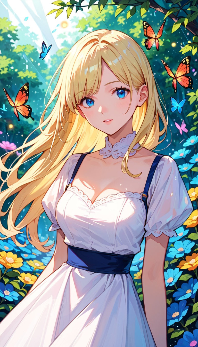 face focus 1girl solo blonde hair white dress looking at viewer beautiful shiny blue eyes floating lights flowers colorful...