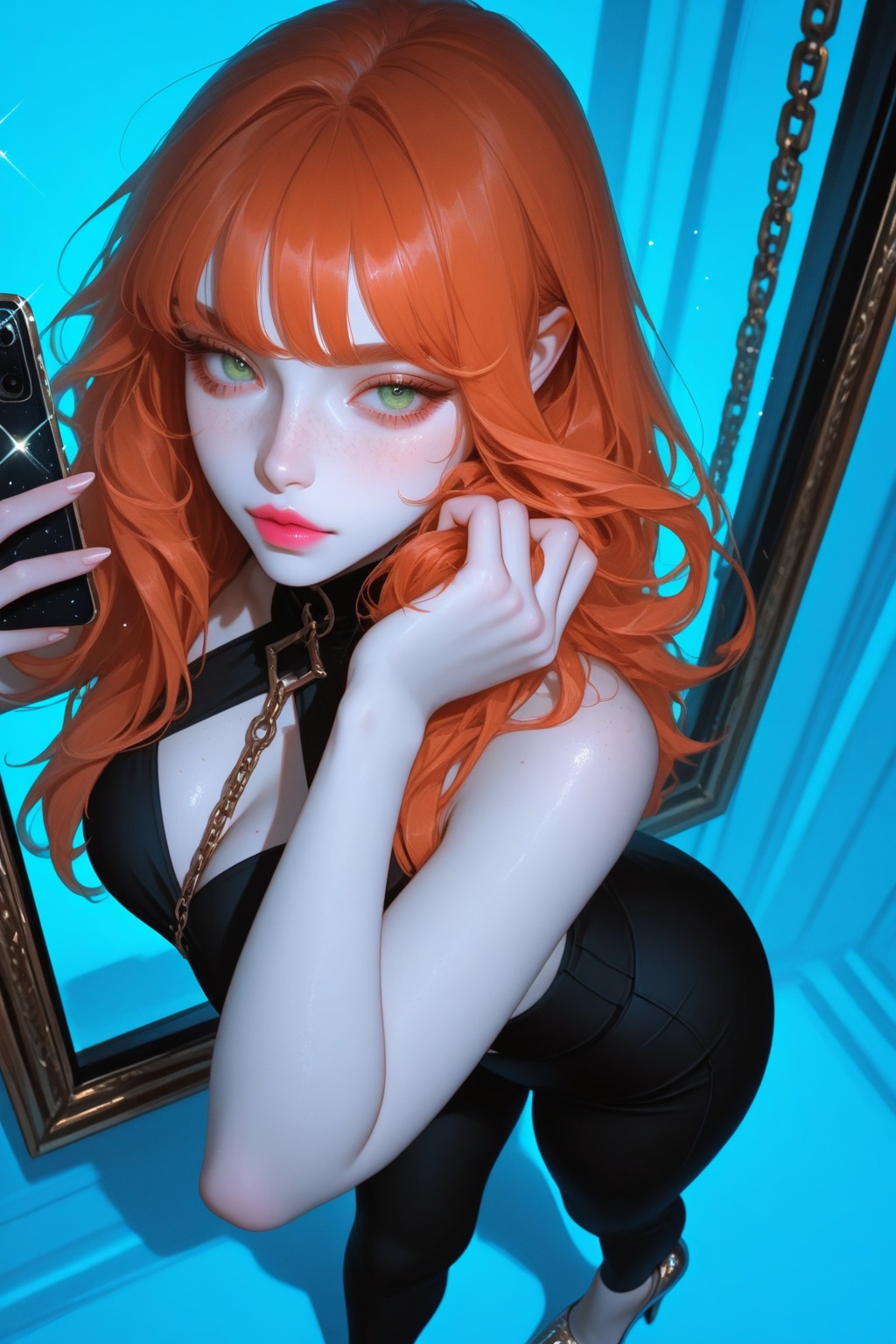 A Russian beauty stands tall in a full-body shot from above,  showcasing her hourglass figure and striking features. Her p...