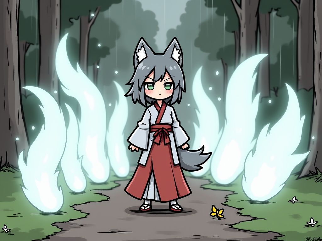 (masterpiece:1.2),(extremely detailed:1.2),(best quality:1.2),(high quality:1.2),(official art:1.2),jbh,Anime-style drawing,Digital drawing of a chibi-style character with fox ears and tails,standing on a forest path. The character has short,silver hair and is wearing a white and red kimono. The character is surrounded by multiple glowing,ethereal fox tails that radiate a soft,white light. The background features a dense forest with tall trees and a gentle rain falling,creating a serene and mystical atmosphere. The character is positioned in the center of the image,facing slightly to the right,with a small yellow butterfly fluttering near their feet. The lighting is soft and diffused,with a gentle glow from the fox tails illuminating the character. The camera angle is straight-on,capturing the character and the surrounding environment in a balanced composition. The art style is clean and polished,with smooth lines and vibrant colors.,<lora:古风简笔画-autodl-11.26-000009:0.8>,
