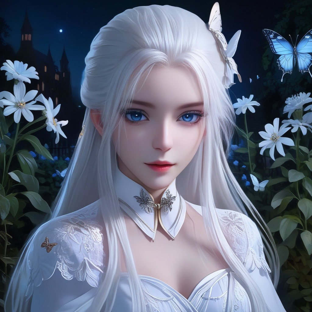 <lora:832-DA-XL-少年白马醉春风-晏琉璃-白衣:0.8>, (masterpiece),(best quality),night,glowing eyes,gothic,long dress, 1 girl, solo, long white hair, blue eyes, detailed eyes, blink and youll miss it detail,butterfly, flower garden, high quality, floral background, very detailed,off shoulde