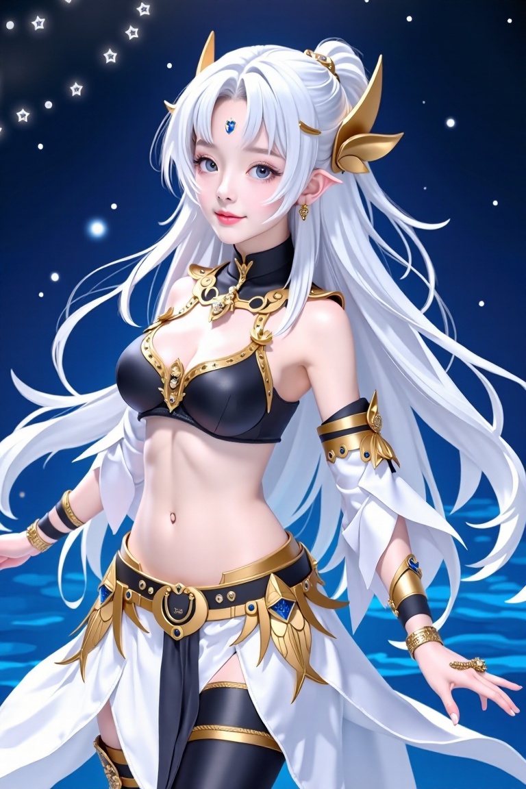 a medium-sized animated female warrior is depicted in a stark contrast of white, blue and gold. Her white hair is cascading over her shoulders, adding a touch of warmth to the scene. She's dressed in a flowing white and gold costume, adorned with a black bra and a gold belt. Her boots are adorned with gold accents, adding depth to the composition. The backdrop is a deep blue, with white stars dotting the sky.,<lora:models/4074/6cec3ed1-07.safetensors:0.8:0.8>