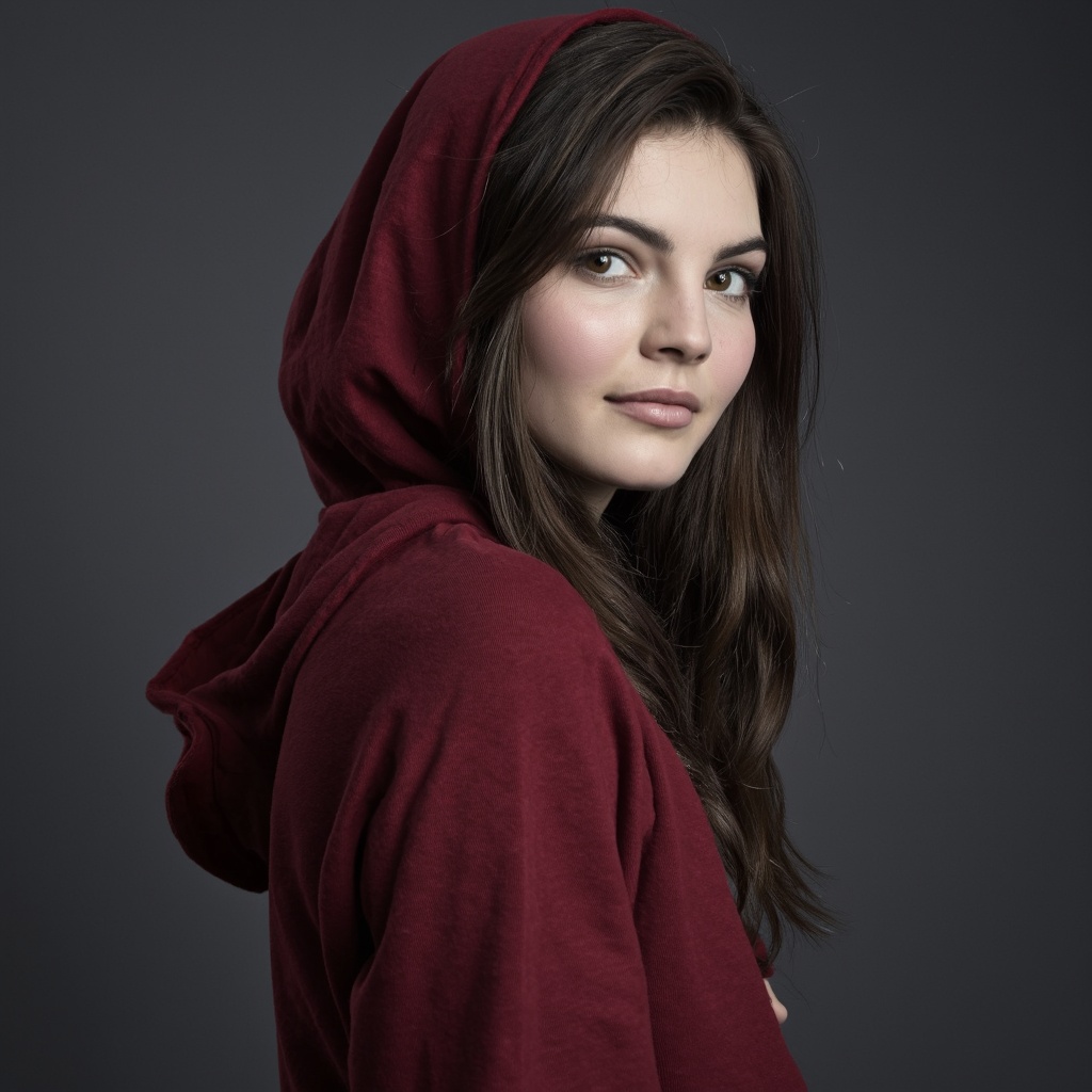 A portrait camren_bicondova with long, dark hair, wearing a burgundy hoodie. She is in a side profile, looking directly at the camera with a contemplative expression. The hoodie is pulled back, revealing the woman's face. The background is a solid, dark gray, contrasting with the vibrant red of her clothing. The image style is contemporary, emphasizing the subject's facial features and clothing details.