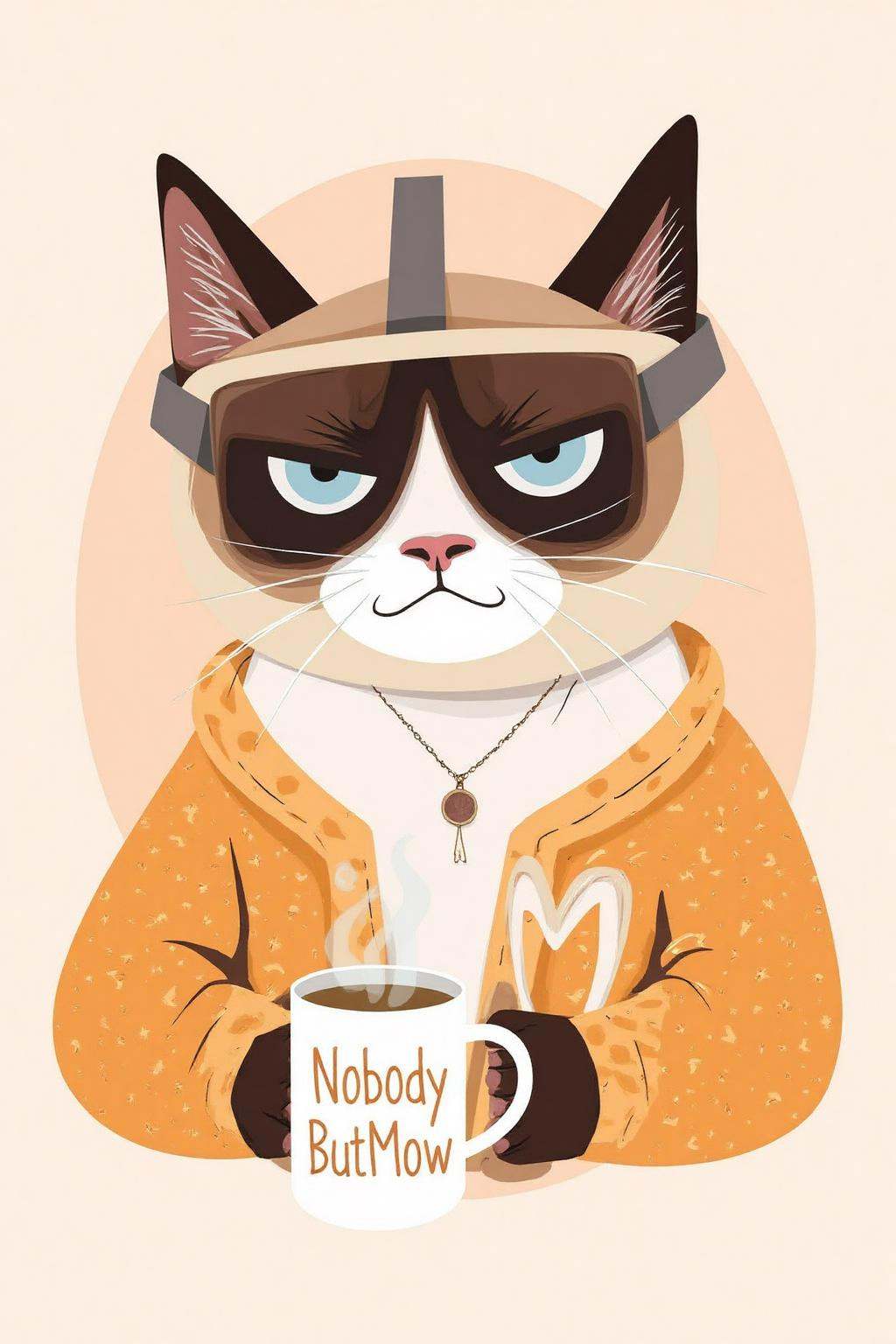 vector art.Grumpy Cat holding a coffee mug,  wearing a VR Headset. The mug has the phrase "NobodyButMeow" printed on Tenso...
