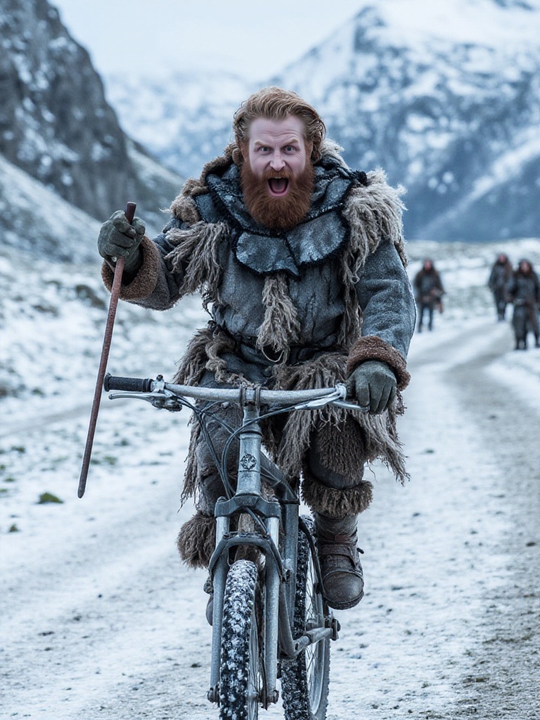 He is riding a bicycle in the snow. He is joyfull. tormund giantsbane,  a man with a beard and dressed in fur. on Tensor.Art