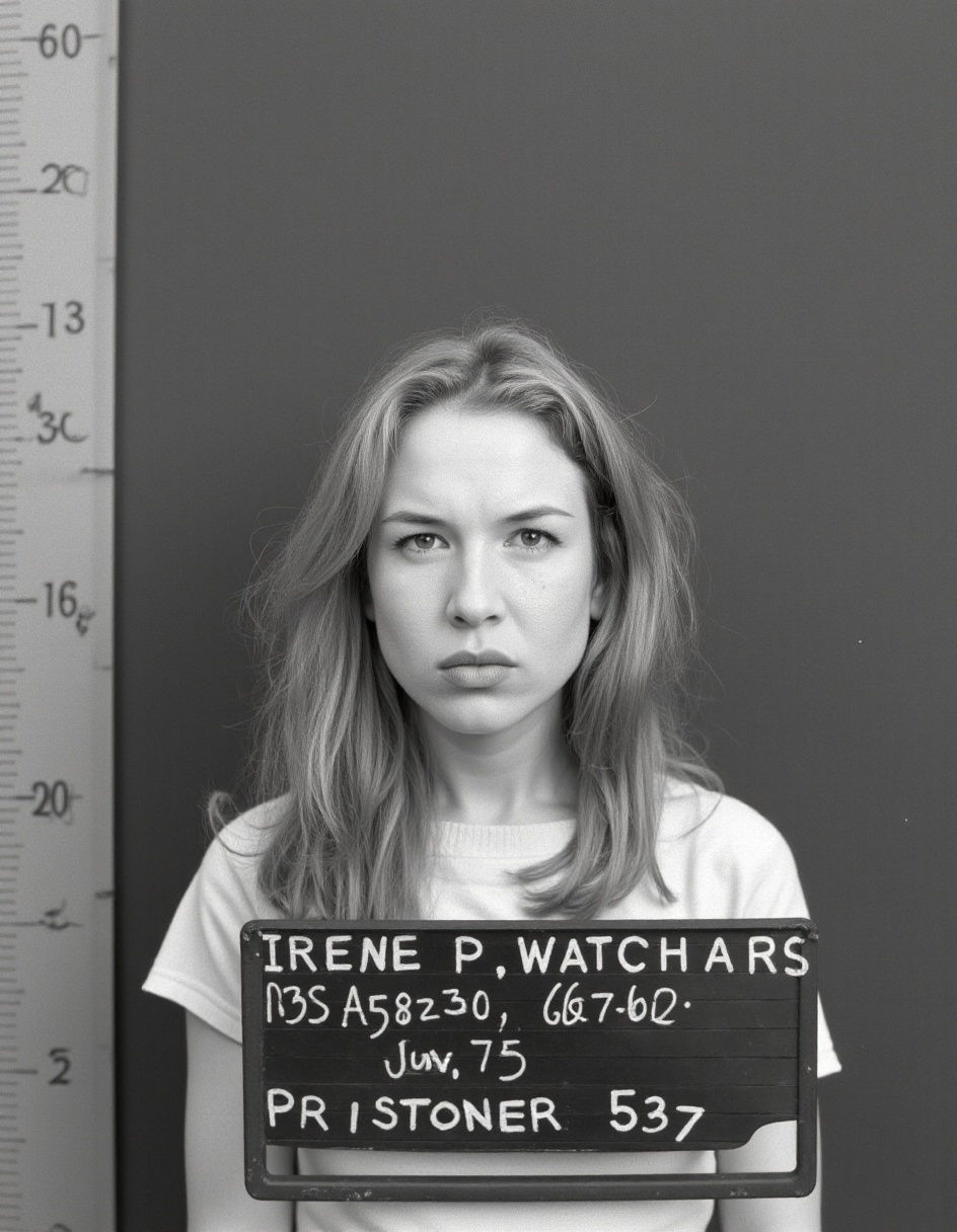 This is a black-and-white photograph depicting a mugshot of a woman named Irene P. Waters,  RSP 587230,  Prisoner 537. Ire...