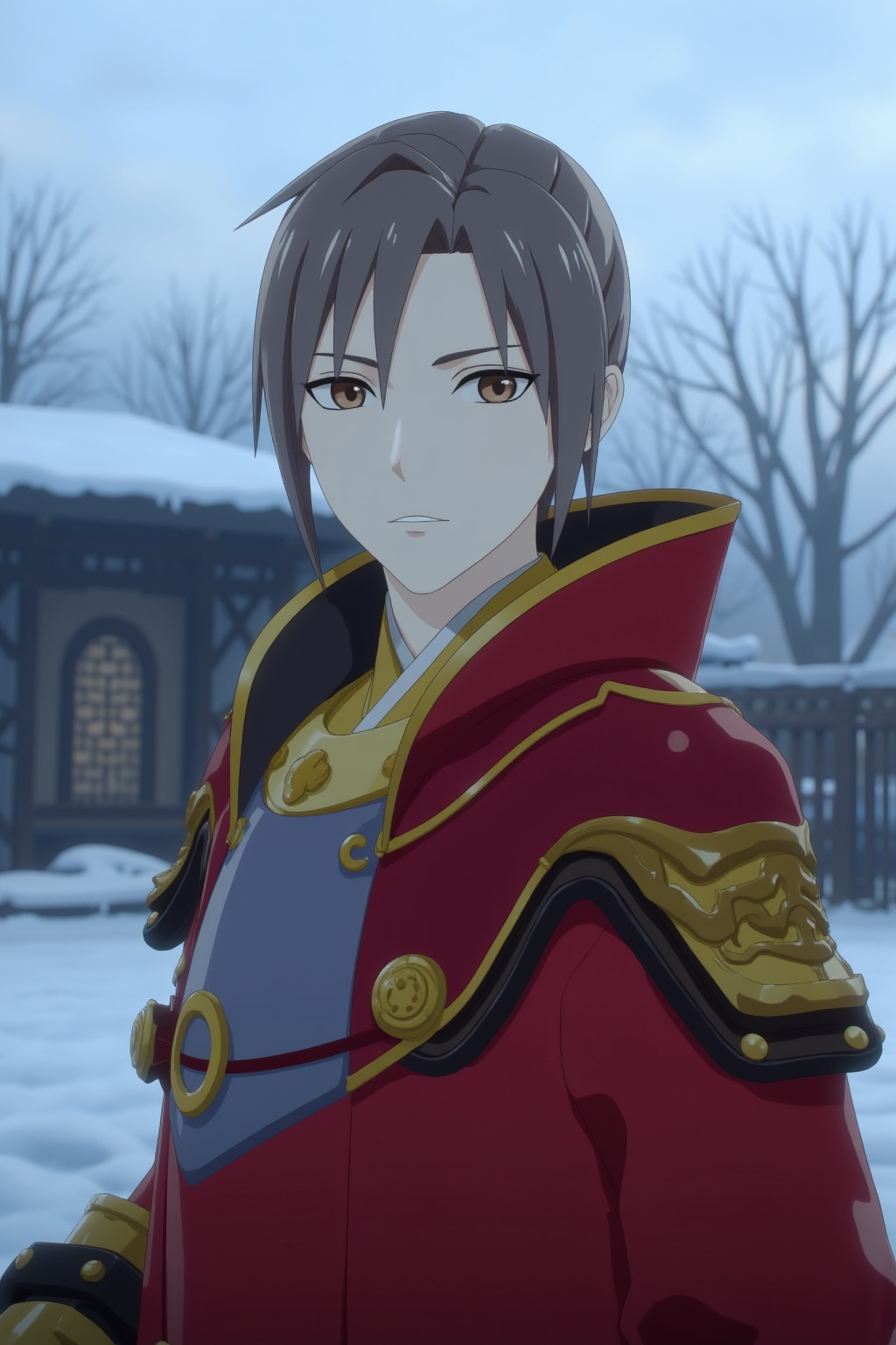 3D style,A boy in armor,outdoors,on a snowy day,black eyes,black hair,
