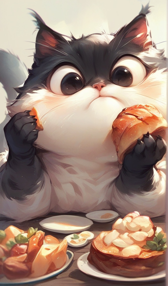 no humans, black cat, food, cat, animal focus, white background, animal, simple background, eating, whiskers, solo, black eyes,solo,closed mouth,dark tone,score_9,score_8_up,score_7_up,intricate details,solo,<lora:cute cat:0.7>,