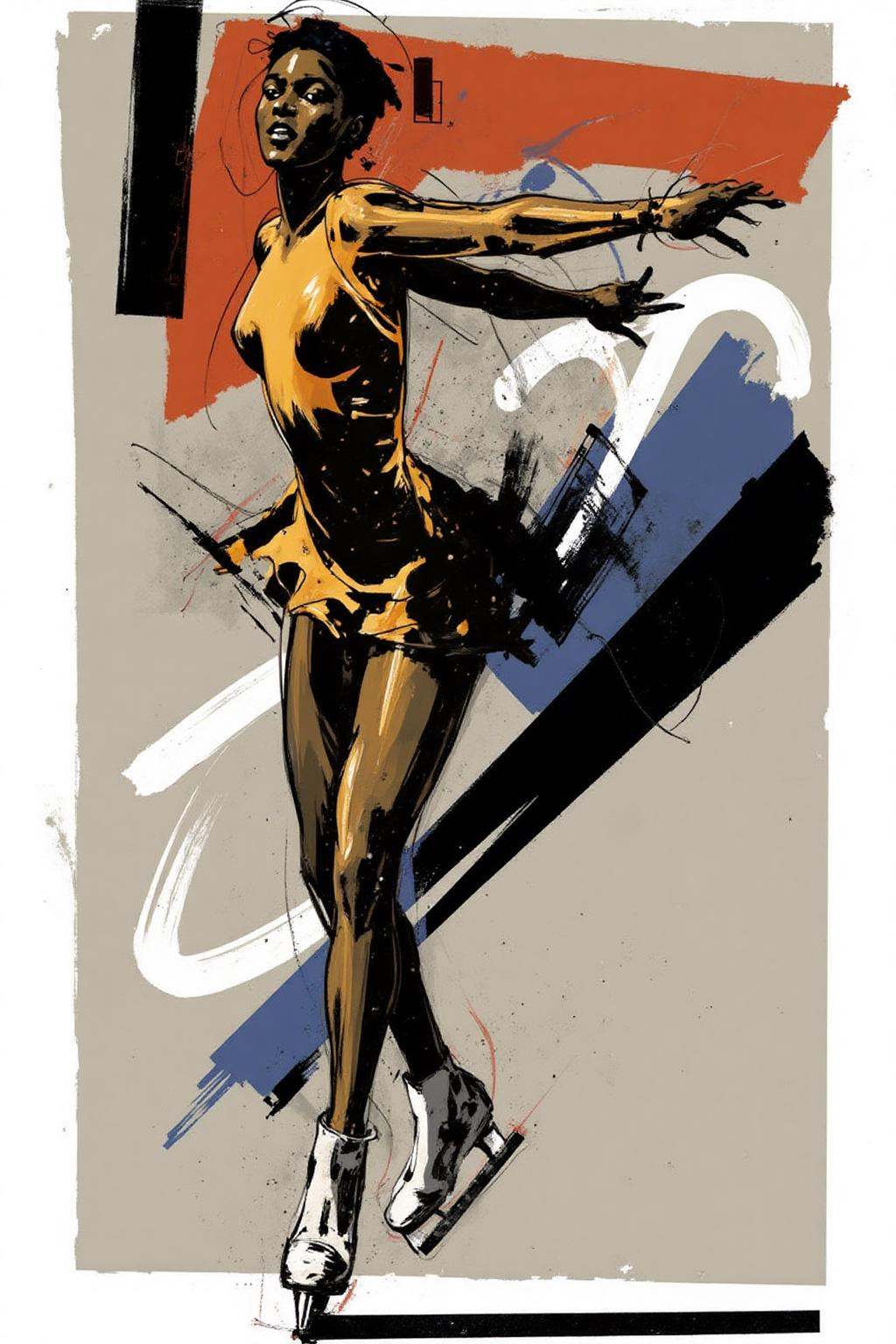 poster illustration.A dark-skinned woman is figure skating. She wears a golden yellow dress with long sleeves and a short...