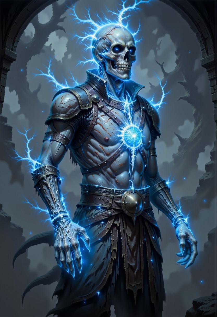 DFOP-V3.0 style dark fantasy oil painting that features A spectral and eerie figure dominates the image,  shrouded in an e...