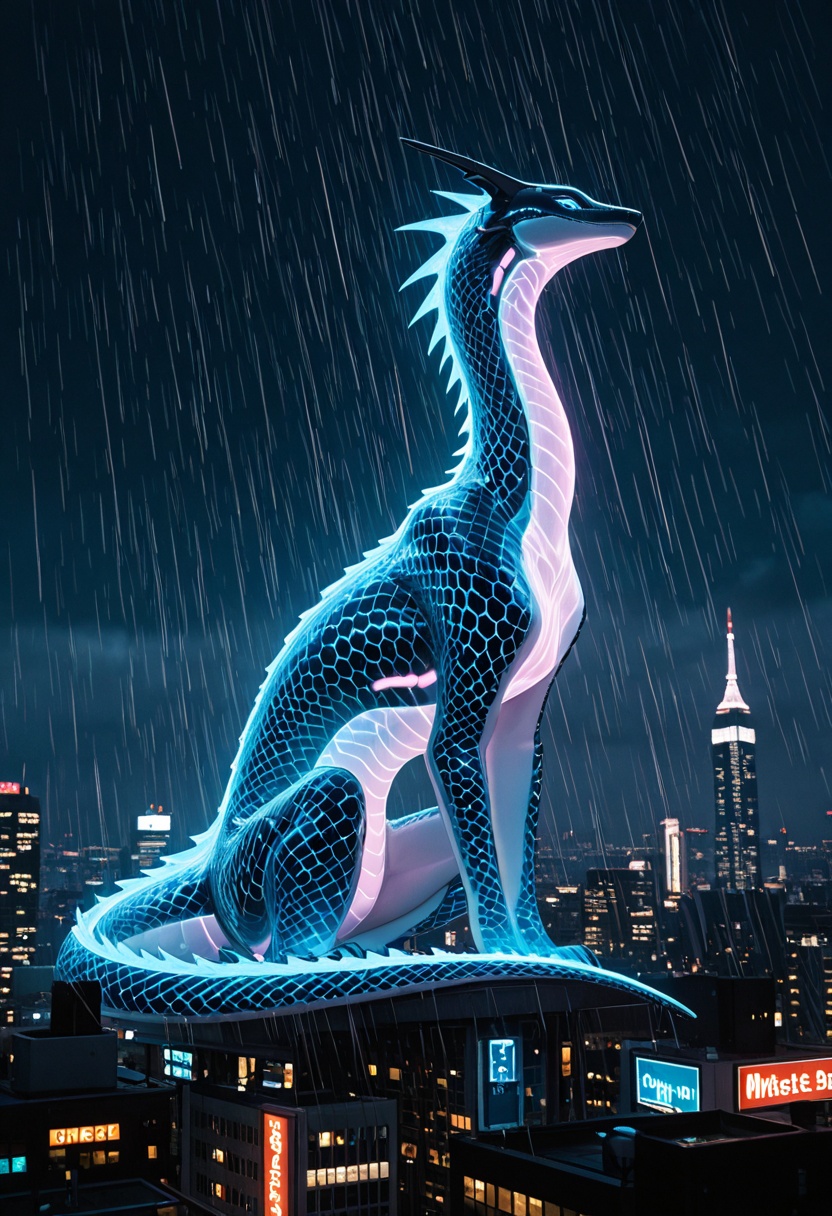 A hyper-detailed,  cyber-surreal photograph of a sleek,  majestic beast perched atop a skyscraper overlooking a glowing fu...