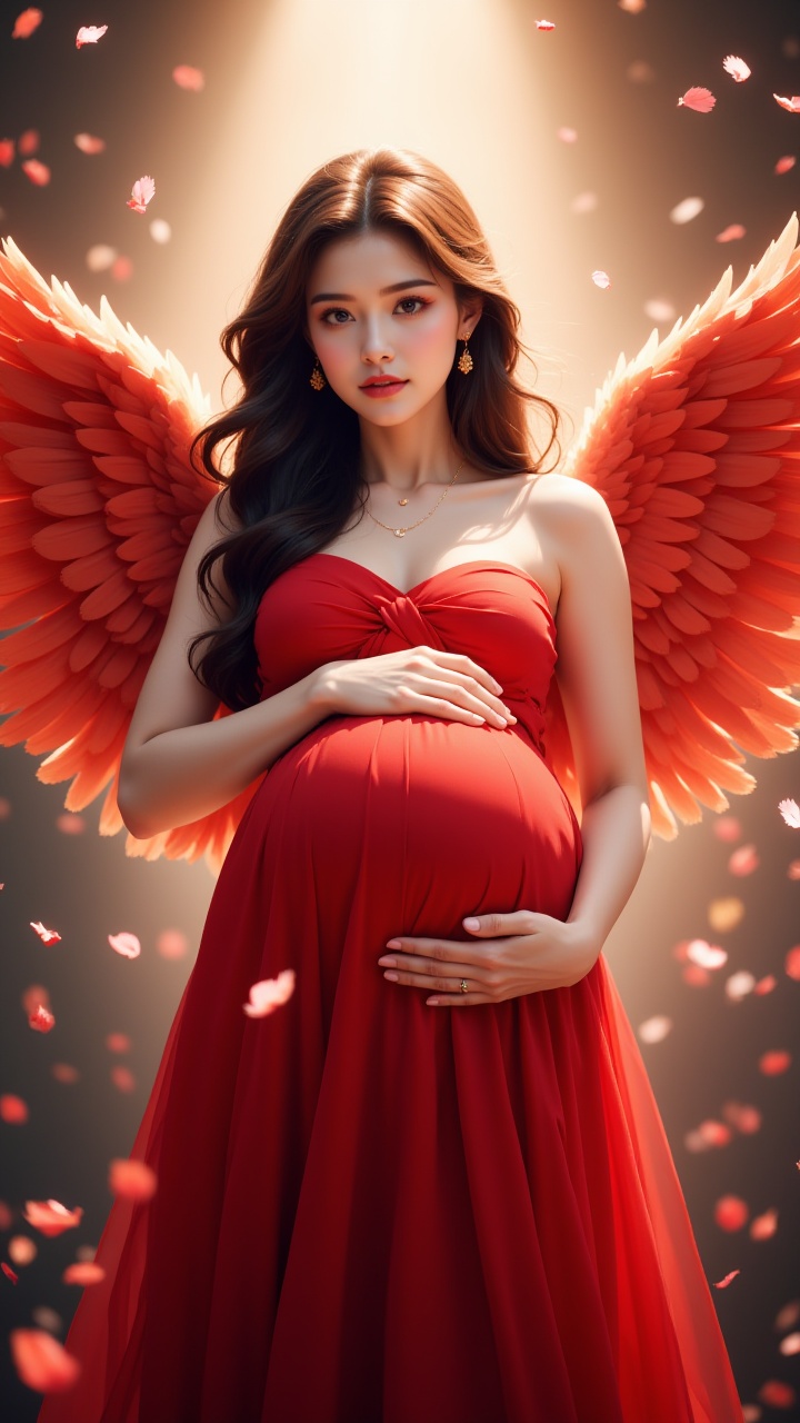 (masterpiece, best quality:1.2),Pregnant mother,Pregnant belly,1girl,angel,Stroking the stomach,Ambient light,Hazy light,glow,Backlight,angel wings,bare shoulders,blurry background,breasts,cleavage,confetti,dress,Red wings,Upper body, above thighs,Big wings,earrings,feathered wings,front,Maternal radiance,halo,jewelry,long hair,looking at viewer,medium breasts,parted lips,petals,red dress,solo,spread wings,strapless,strapless dress,wings
