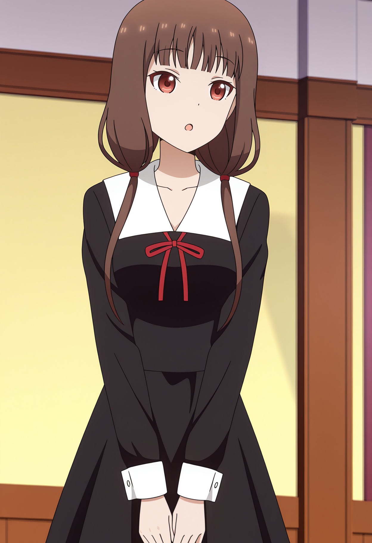 <lora:Iino Miko_illustrious-000010:1>,Iino Miko, school uniform, open mouth, solo, long sleeves, blurry, polka dot, black dress, collarbone, :o, dress, anime screencap