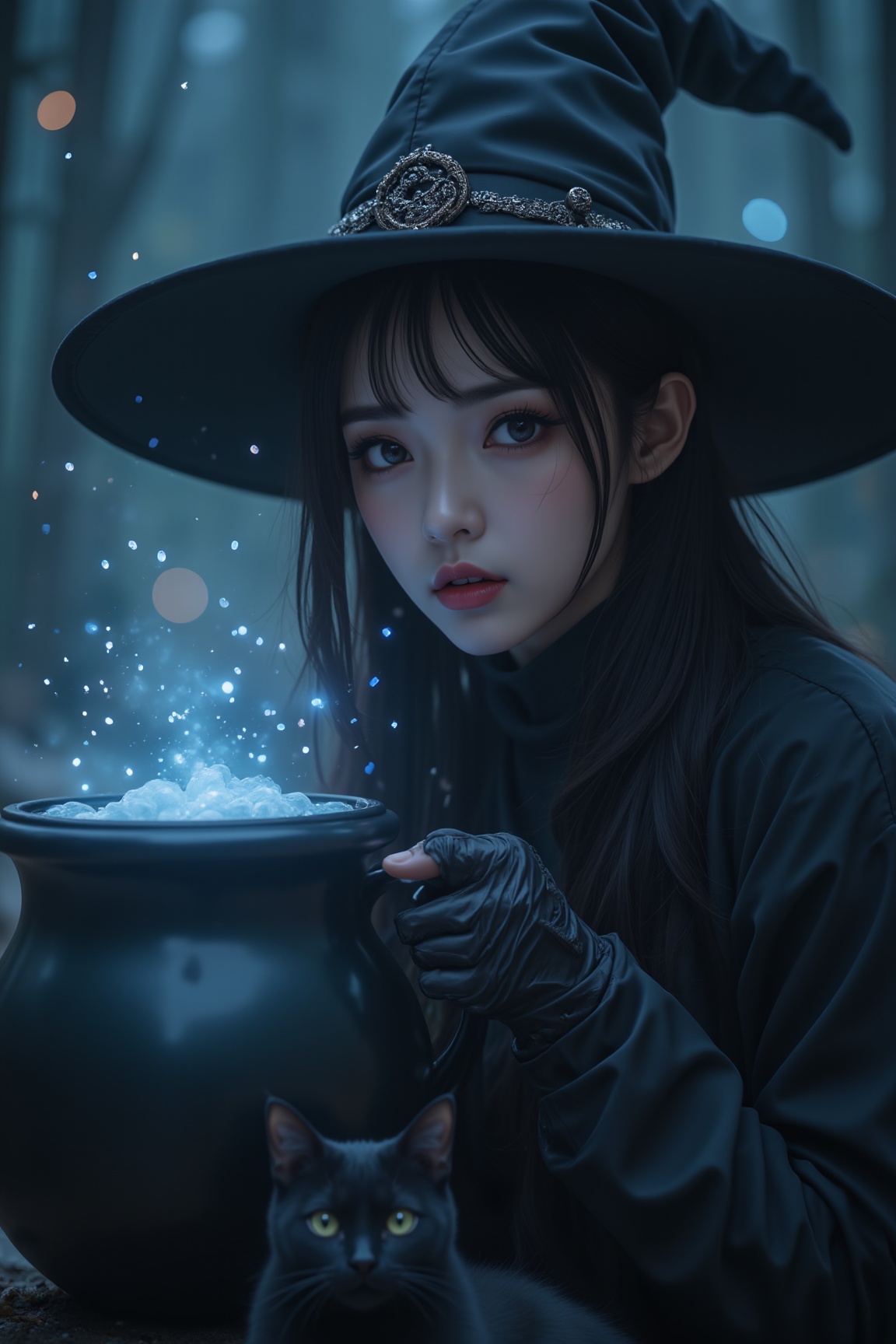 A robot witch, like an Asian girl, wearing a black witch hat, full body, a black cat at her feet, with Halloween style face makeup, holding a black cauldron coffee cup filled with bubbling liquid, the liquid is shining with little blue light, under the starry sky at night, HD style, grotesque beauty, sharp focus, 8K cyberpunk, blackcore, mysterious robot god