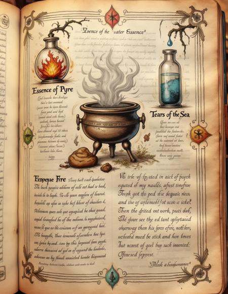 spllbkpg,  An alchemists observation page showing the effects of combining fire and water essences,  with a sketched cauld...