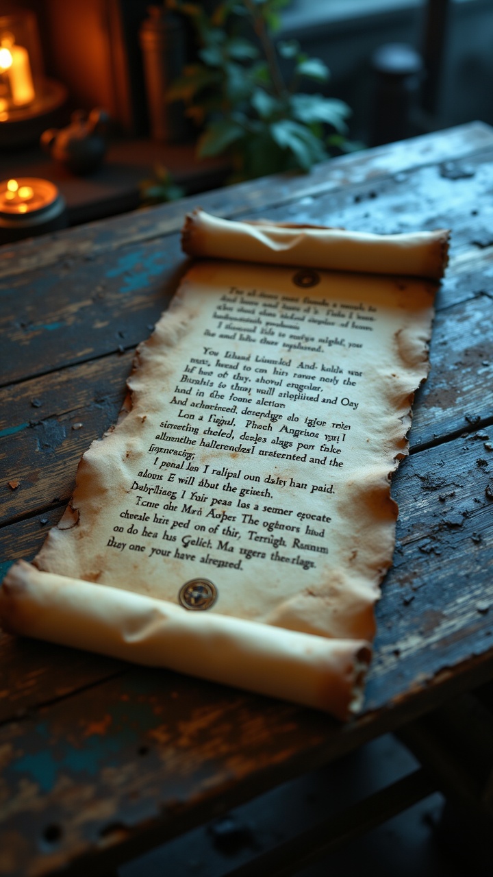 A scroll of Fantasy parchment,  the edges burnt and frayed,  but the writing glows with a faint Metaphys Armed Dragon ligh...