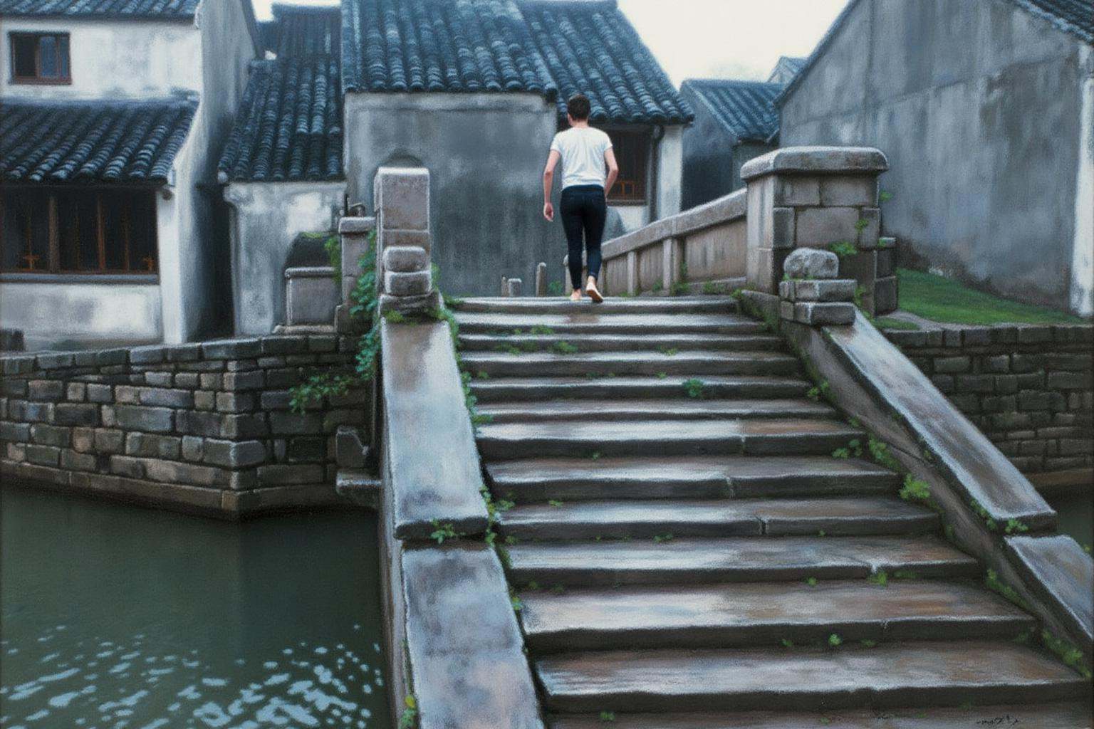 chenyifei2 painting.A stone staircase ascends from the bottom left to the center,  leading up to a narrow,  rustic bridge...