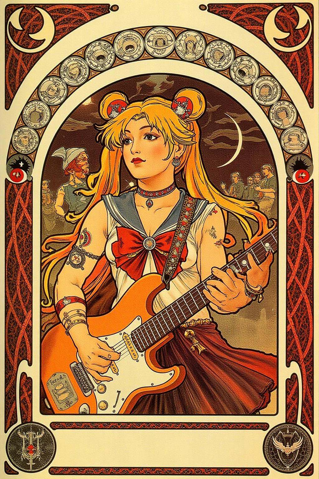 mucha1 Art Nouveau illustrationof punk sailor moon playing a guitar at a heavy metal mosh pit,  tattoos,  piercing. on Ten...
