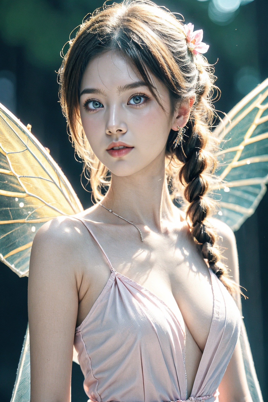1girl, solo, flower, wings, hair flower, hair ornament, blonde long hair, parted lips, realistic, breasts, looking at viewer, upper body, eyelashes, cleavage, insect wings, earrings, lips, petals, pink dress, jewelry, fairy, bug, collarbone, bare shoulders, white flower, braid, fairy wings, butterfly, teeth, butterfly wings, see-through, single hair bun, nose, white dress, mascara, blurry, floating hair, artist name, sleeveless, forest