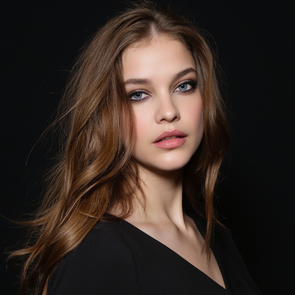 A portrait of barbara_palvin with long,  wavy,  golden-brown hair. She has fair skin and a neutral expression. Her eyes ar...
