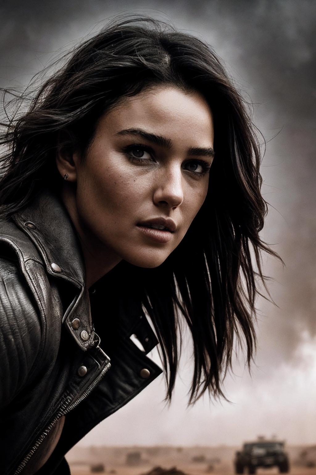MonicaB_SoloTI_v1,  (In a rugged leather jacket adorned with metal spikes,  and worn cargo pants on Tensor.Art