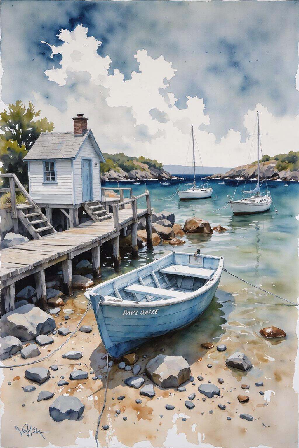 yawc1 watercolor.A watercolor painting of a small boat on a beach. The boat is blue and white in color and is anchored at...