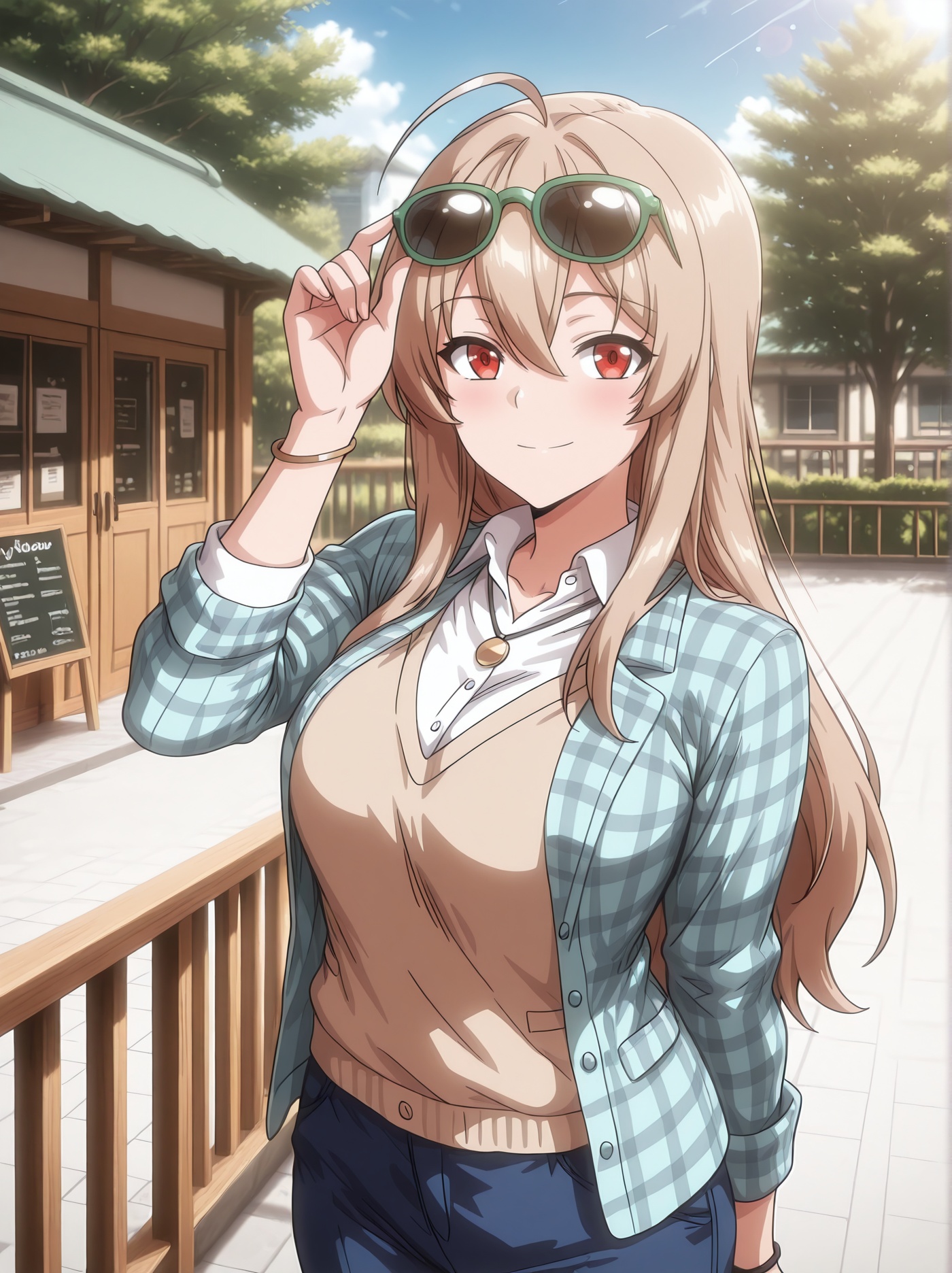1girl,  red eyes,  eyewear on head on Tensor.Art