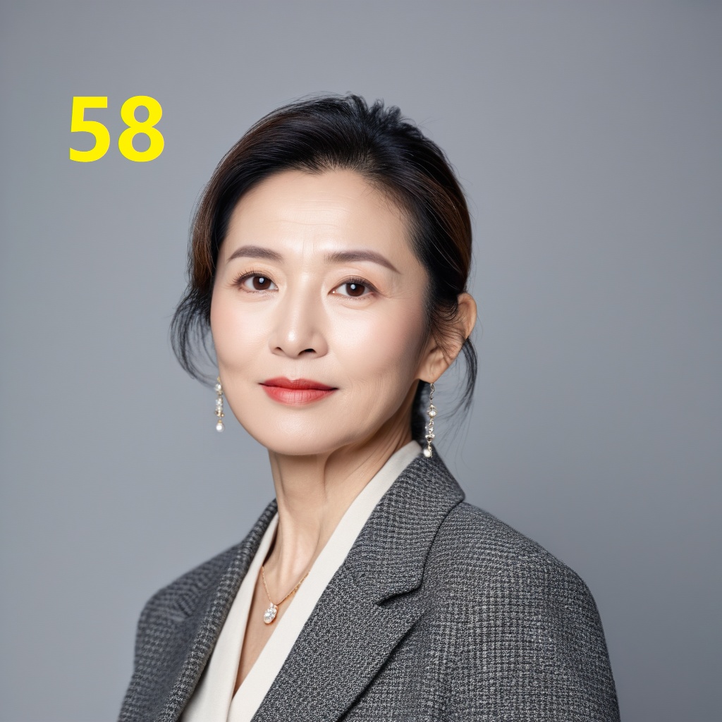 leogirl,A 58-year-old woman,portrait photo,facial focus,photo taken,fashionable and simple,Chinese ethnicity,soft gray background,natural lighting,high-resolution clarity,contemporary portrait,gentle,fashionable and avant-garde,simple accessories,details with strong contrast between skin color and neutral background,looking at the audience,