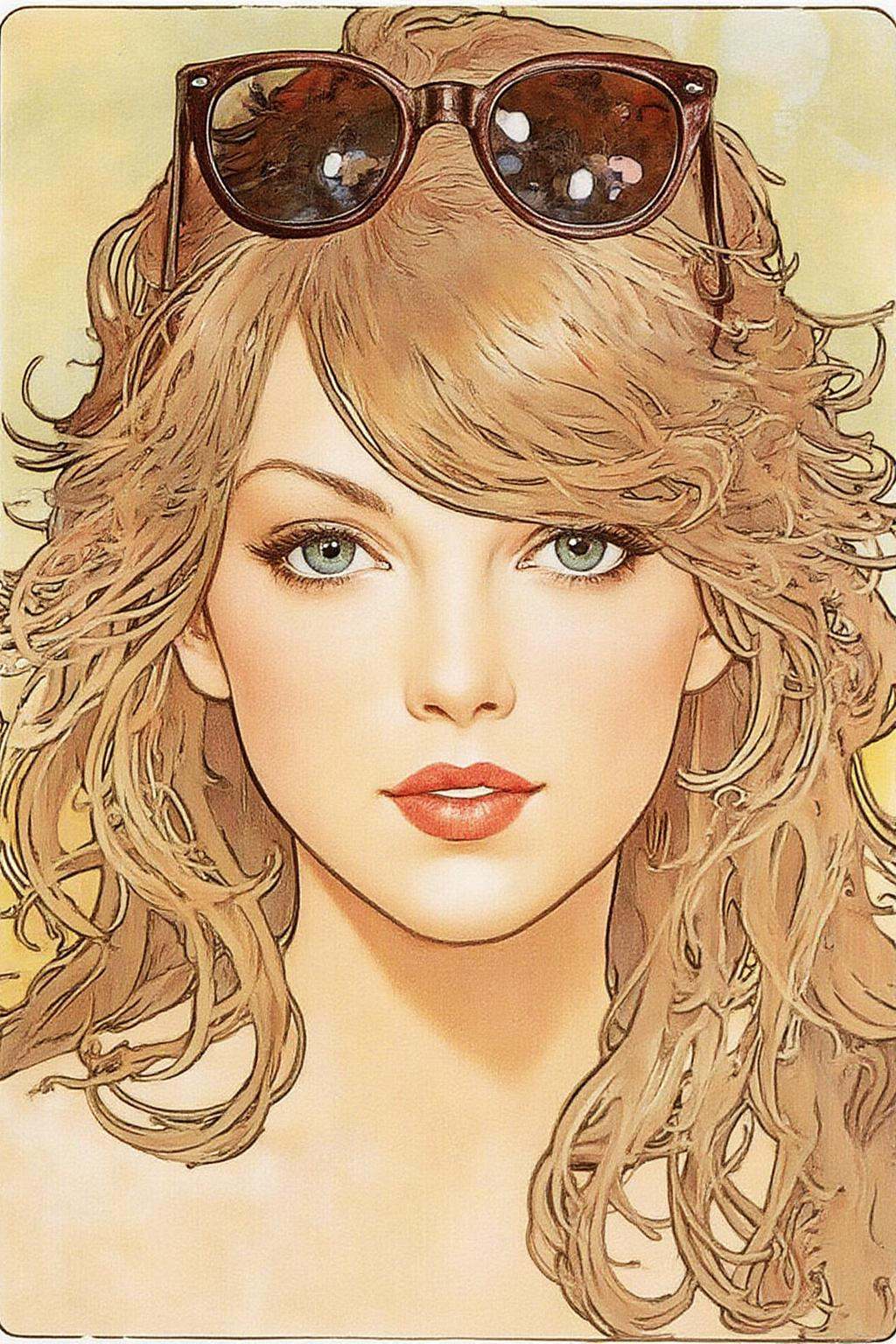 mucha1 illustration of face of Taylor Swift,  with bangs and a pair of sunglasses above her head. on Tensor.Art