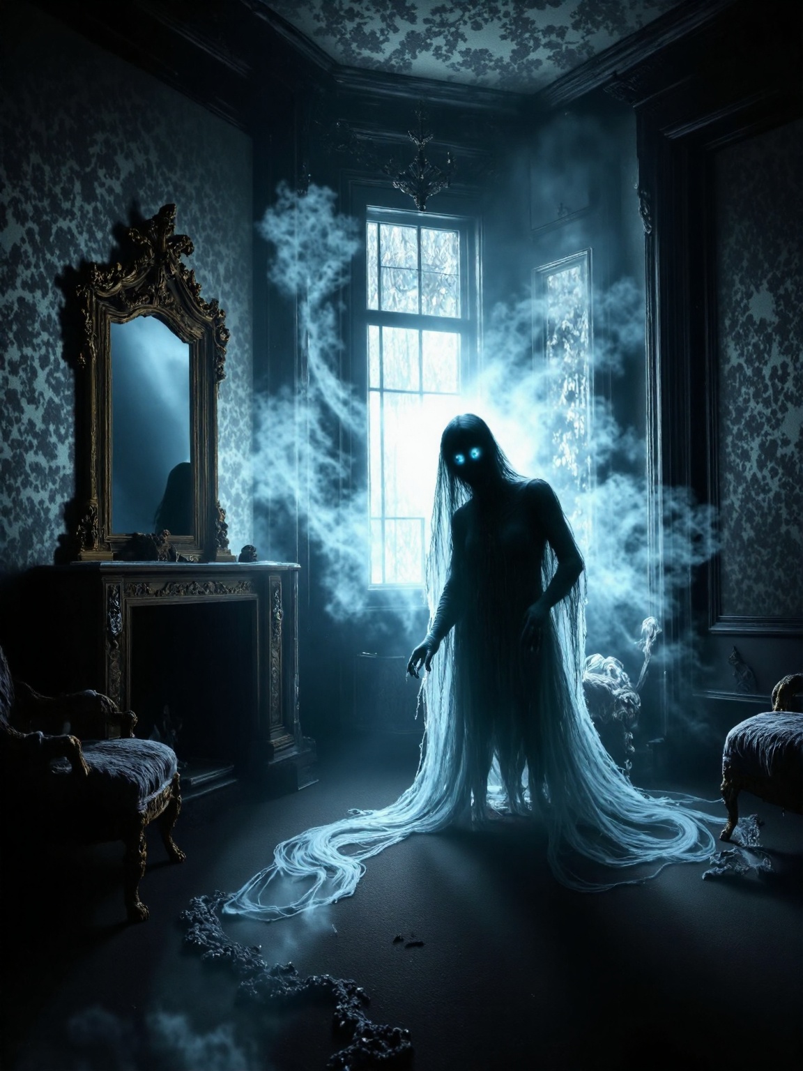 hallomist,  A spectral misty figure,  its form composed of shimmering on Tensor.Art