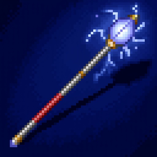HoMM2 style Lightning Rod artifact,  gradient blue background.The image is an illustration depicting a magical staff. The...