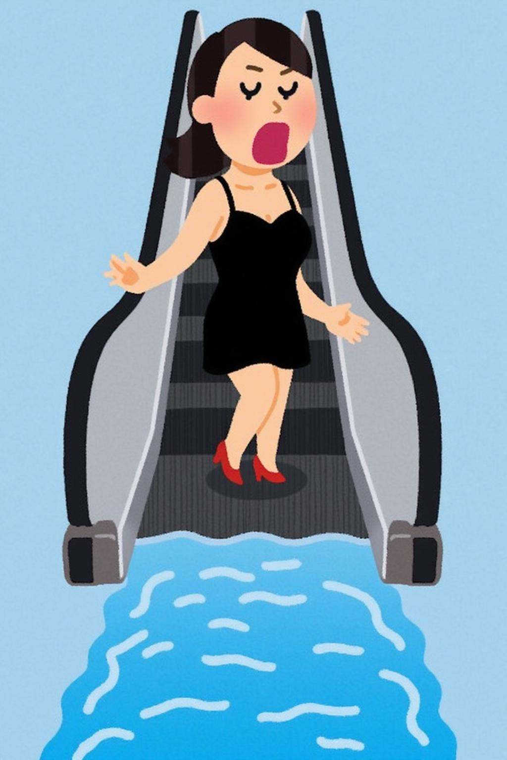 irasutoya1 illustration.A woman in a chic little black dress and red high heels,  gracefully descending an escalator. She...