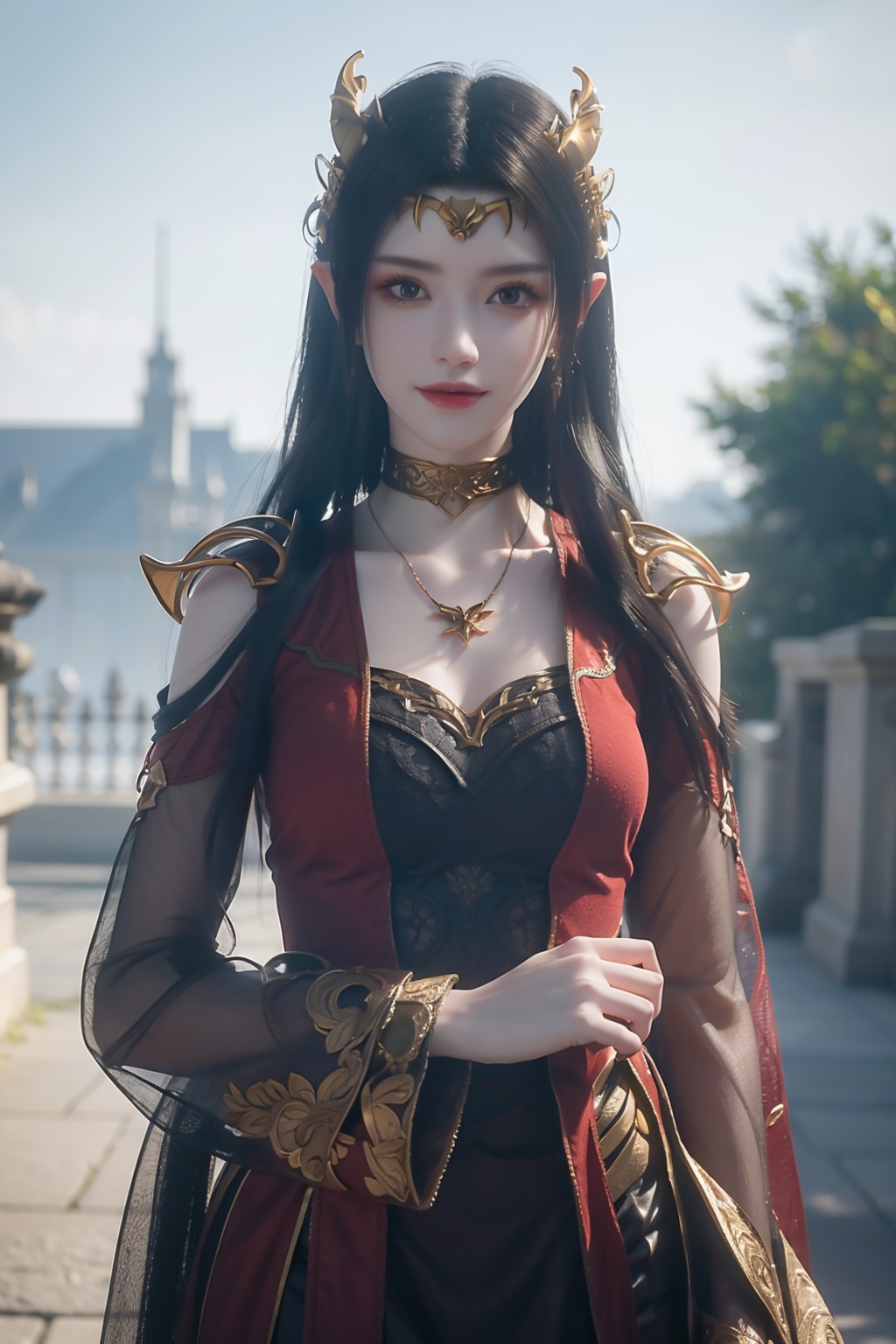 1girl,dress,hair ornament,pointy ears,choker,long sleeves,looking at viewer,smile,photography,super realistic,dynamic,exquisite (photography:1.3),White_background,fashion photography,simple background,posing,((best quality)),((masterpiece)),((ultra-detailed)),HDR,