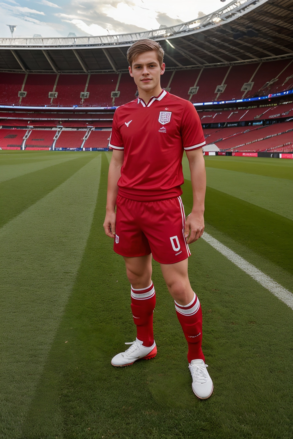 Wembley Stadium,  grass field,  JackWindsor wearing the English national soccer team uniform on Tensor.Art