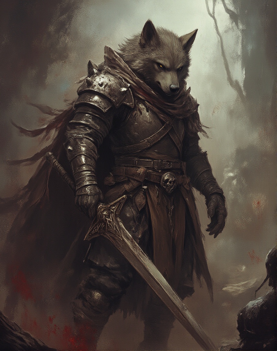 anthr0dnd,  an anthropomorphic wolf knight stands gusrd in this gritty dnd fantasy illustration. on Tensor.Art