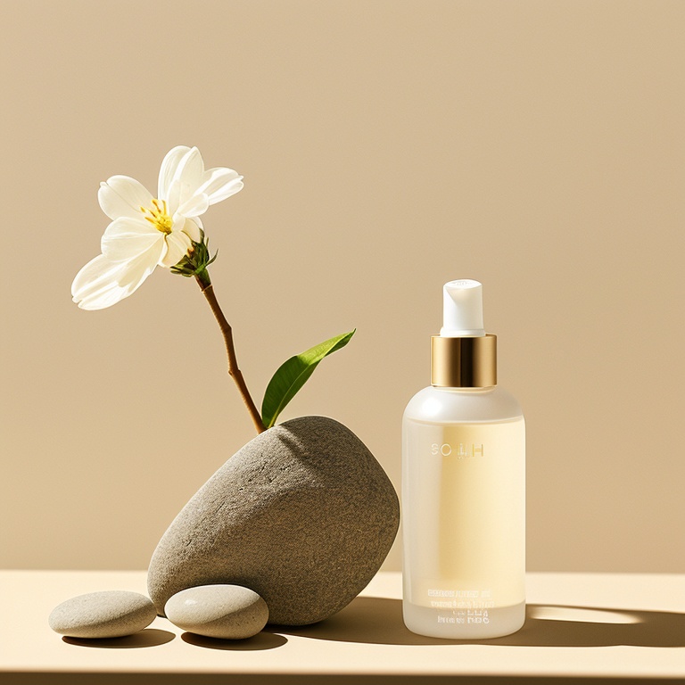 Makeup bottle, stone, flower, sunlight, minimalist background,