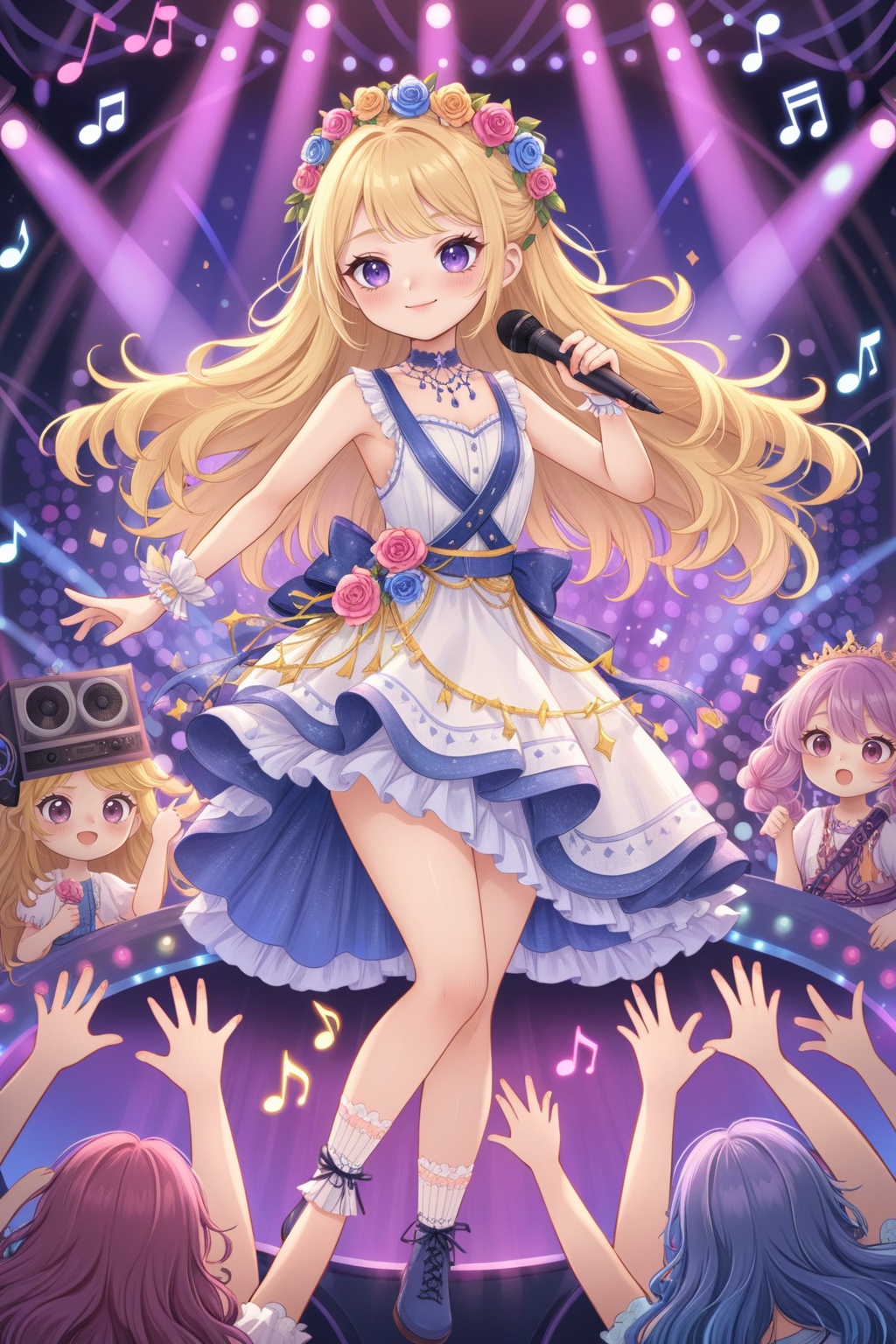 The image is an illustration of a young girl standing on a stage with a microphone in her hand. She is wearing a blue and white dress with a flower crown on her head and has blonde hair styled in loose curls. The stage is decorated with colorful lights and musical notes,and there are speakers on either side of the stage. In front of the girl,there are two young girls with purple hair,one with blue hair and the other with pink hair. They are all smiling and appear to be dancing or performing. The background is dark,and the overall mood of the image is lively and energetic.,