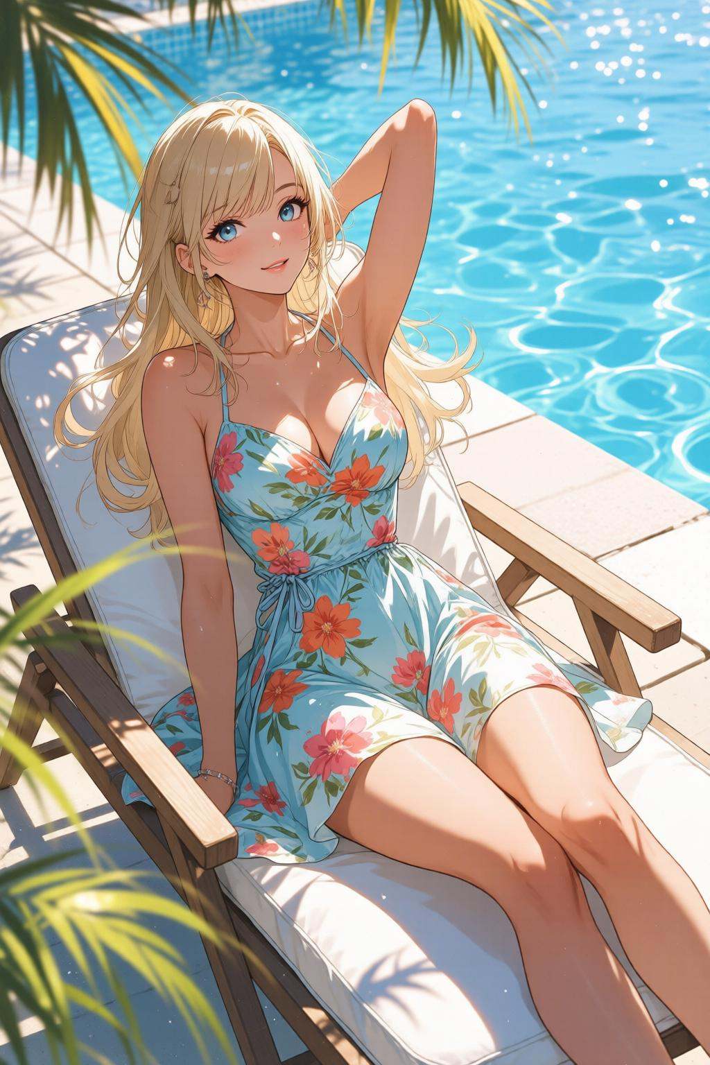 nijimix6q anime style illustration.High angle shot of a blonde woman in a floral sundress relaxing on a lawn chair by the...