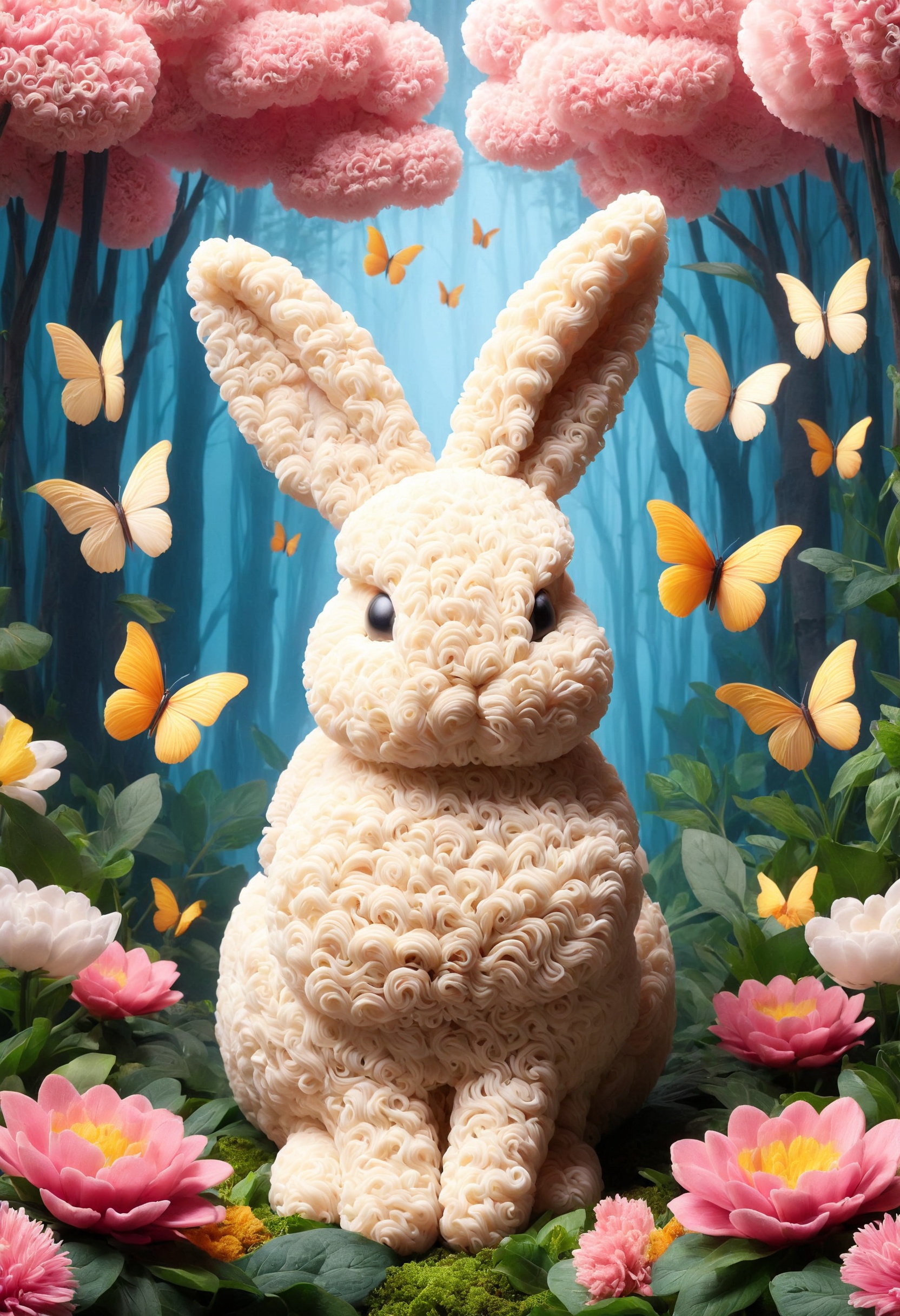 a cute fat and fluffy bunny wandering in a magical forest,  pink flowers made out of noodles,  nature on Tensor.Art