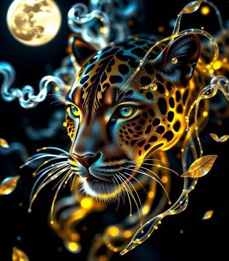 Photograph of Close-up portrait translucent Made of glowing gold,  silver,  blue bio-luminescent ethereal light and light...