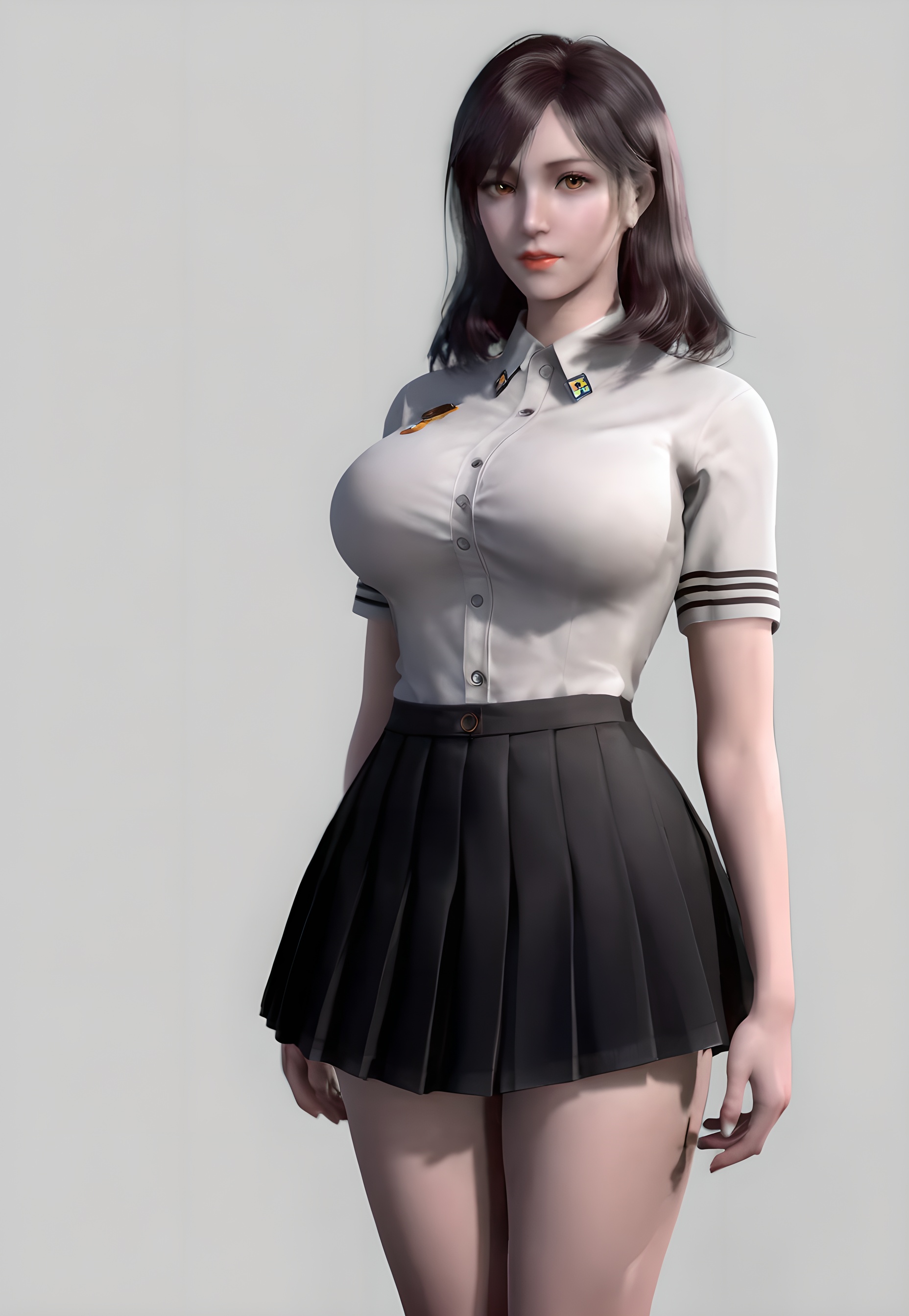score_9,score_8_up,score_7_up,<lora:SF_XuXin_Pony-000004:0.7>,1girl,solo,standing,white school uniform,black skirt,breasts,large breasts,highleg,red lips,jewelry,looking at viewer,white background,