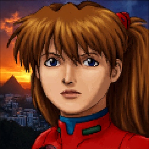 JA2 style closeup portrait of Asuka Langley. She has twin tails and wears red plugsuit. In the background there is a futur...