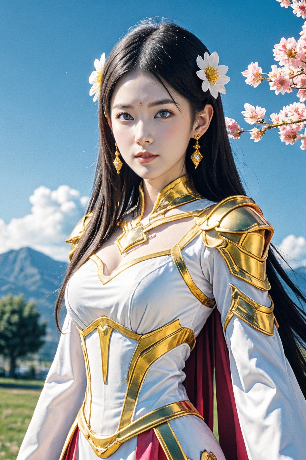1girl, solo, earrings, hair ornament, jewelry, flower, long hair, black hair, sky, hair flower, armor, looking at viewer, dress, outdoors, pink flower, blurry background, cherry blossoms, cloud, blue sky, breasts, forehead mark, blurry, upper body, facial mark, medium breasts, cape, pink dress, shoulder armor, closed mouth, mountain, branch, brown eyes, expressionless, day, armored dress, gem