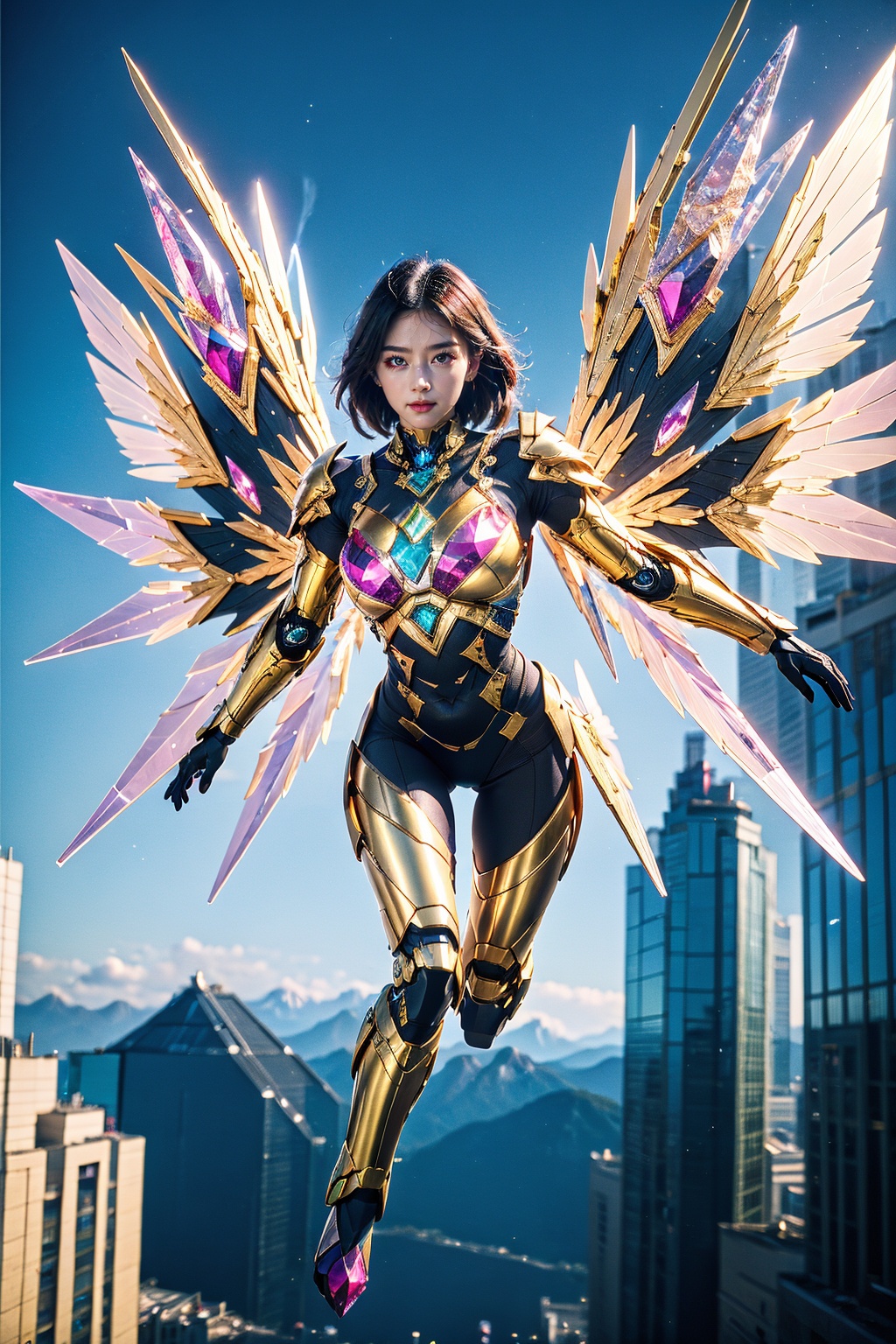 1girl, cyborg, gem cyber, solo, armored, bodysuit, glowing, wings, outdoors, thighs, gem, gradient, mirror fragment, gem fragment, flying on sky, building
