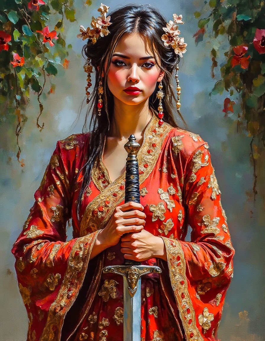 A dibrshstrk style painting,  ,  A young woman stands poised on Tensor.Art