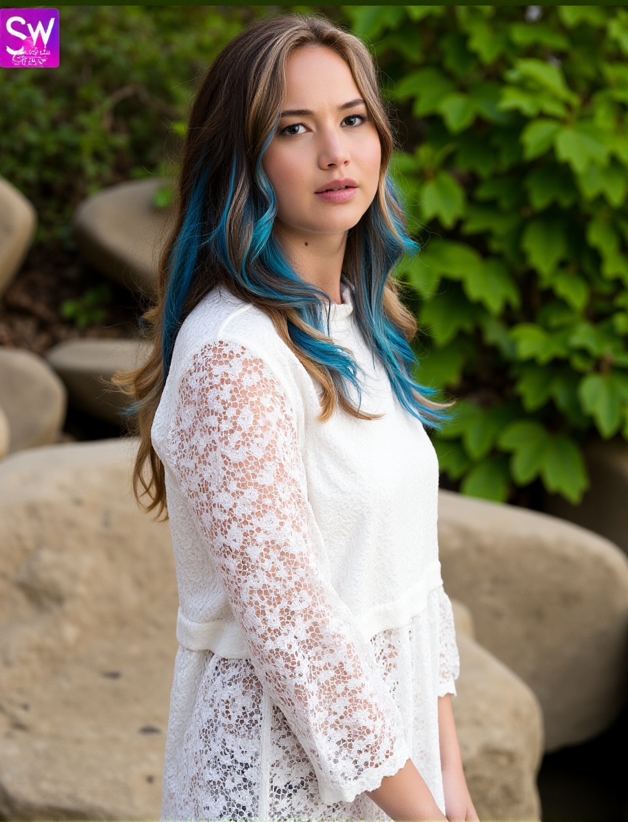This is a high-resolution photograph of a young woman standing outdoors against a backdrop of green foliage and rocks. She...