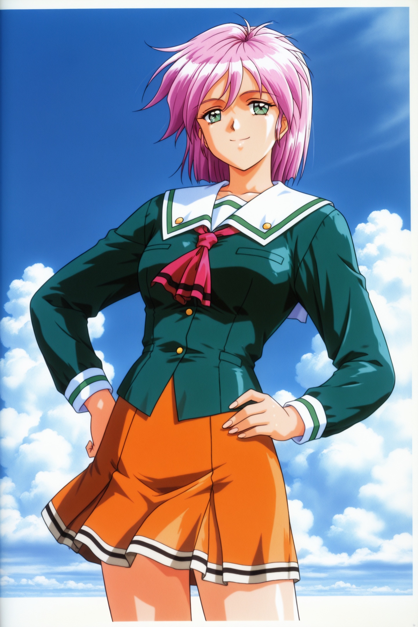 Original Style,Yae Kaori,1girl,solo,green eyes,school uniform,short hair,1990s \(style\),orange skirt,skirt,pink hair,day,smile,purple hair,hand on own hip,sky,outdoors,long sleeves,cloud,green shirt,<lora:Tokimeki Memorial 2_illustriousXL_v2:1>,