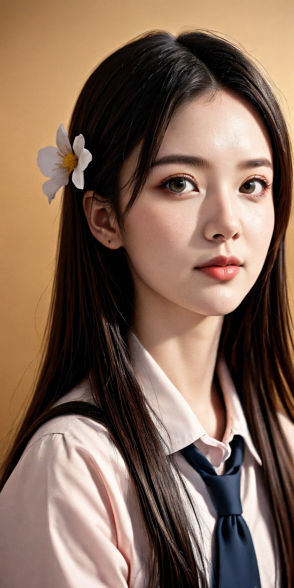 girl, brown eyes, black long hair, realistic skin, skin pores, beautiful, pretty, upper body, realistic, closed mouth, school uniforms, peach blossom,
