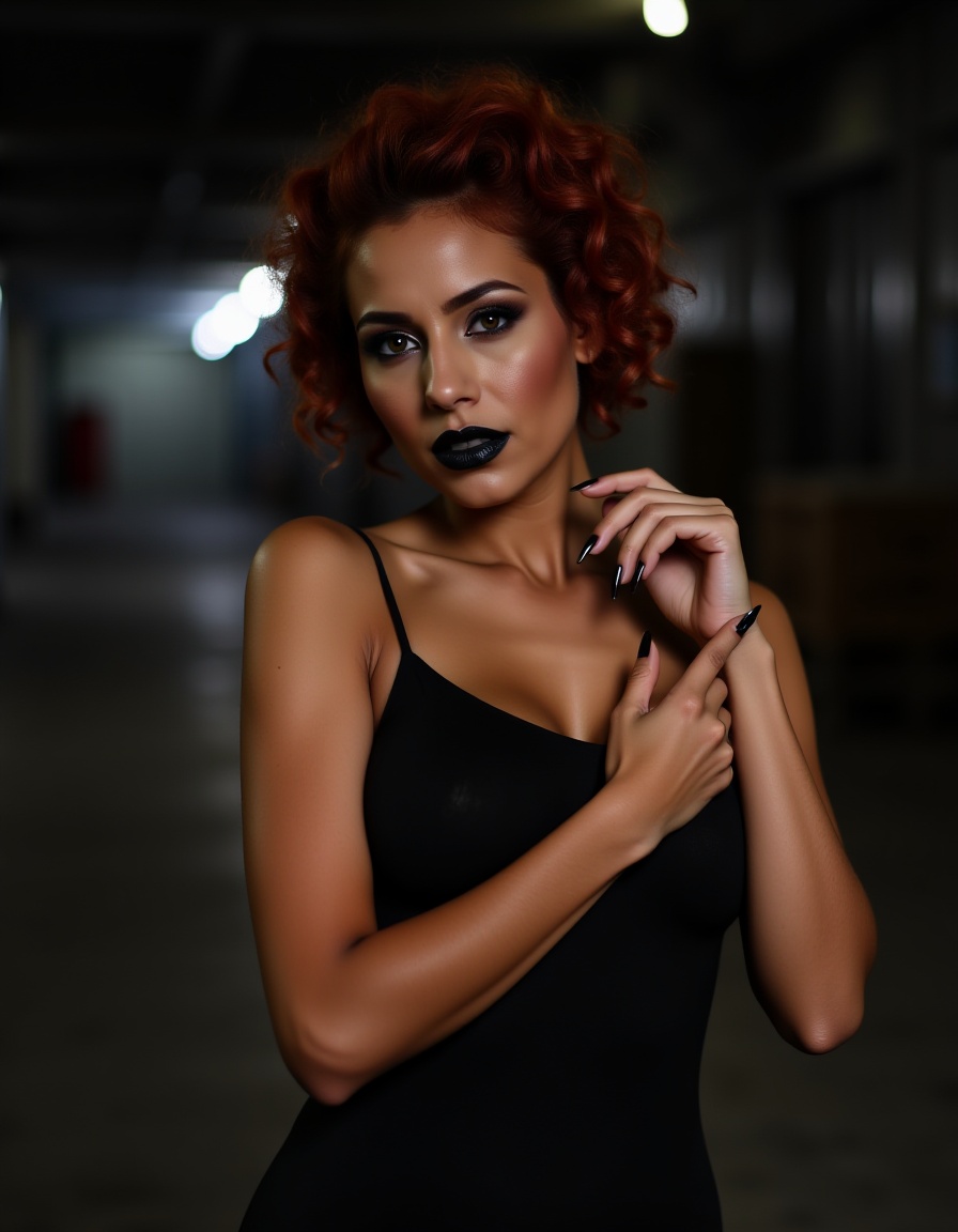smile lines,  short red curly hair,  In a dimly lit industrial space on Tensor.Art