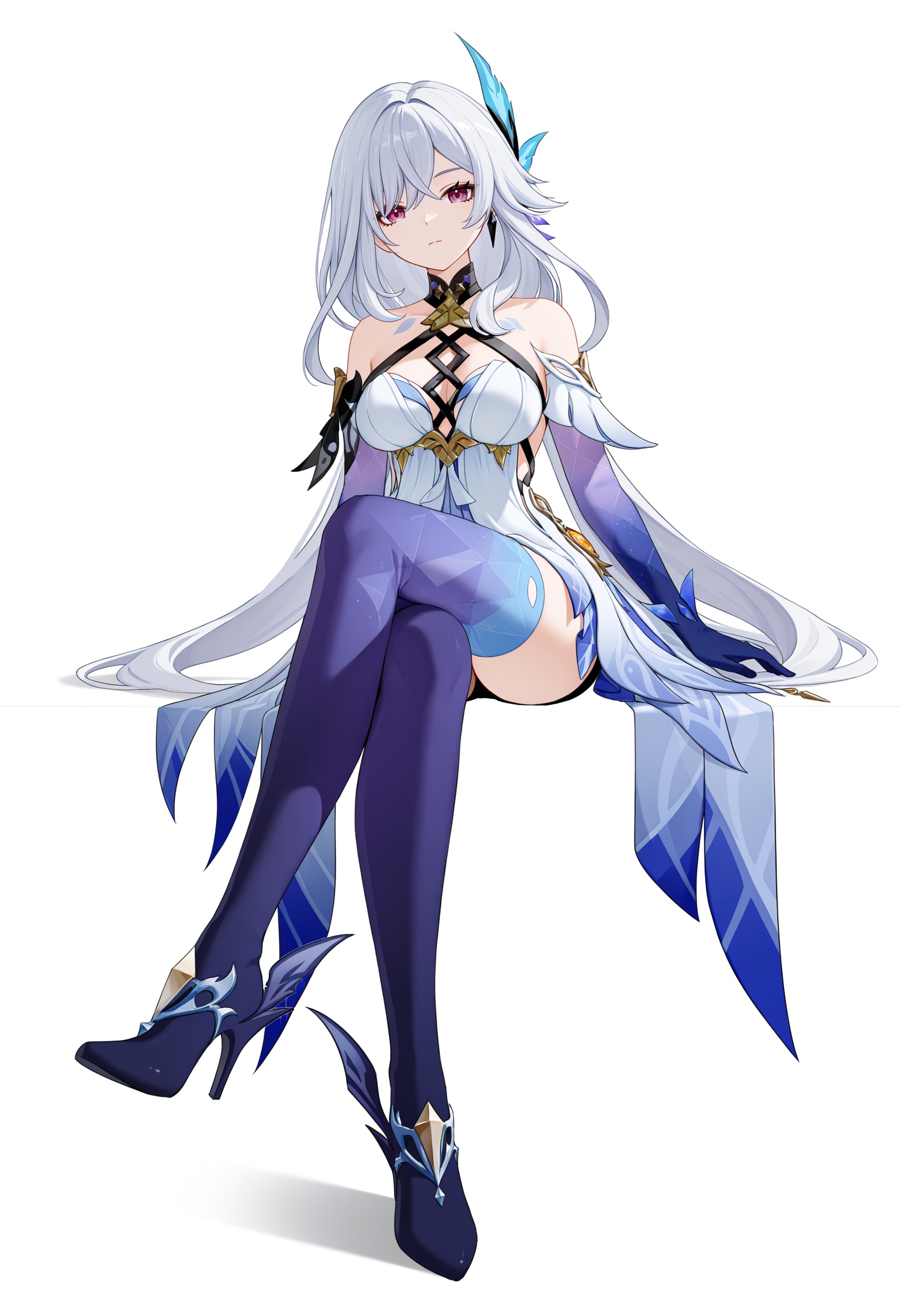<lora:sikk_v1.0_illustrious-000058:1>,sikk \(genshin impact\),solo,hair ornament,breasts,white hair,white background,looking at viewer,thighhighs,bare shoulders,dress,high heels,full body,elbow gloves,white dress,closed mouth,gradient legwear,expressionless,sitting,crossed_legs,black breasts,